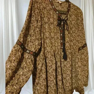Alchemy brown Paisley Billowy Boho Blouse long sleeve Prairie lightweight. Sz M